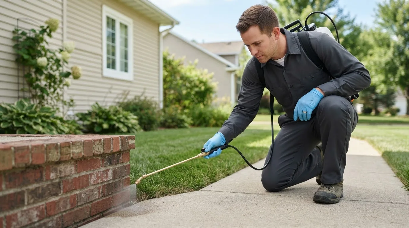Pest control technician treating a home near Marsland, NE